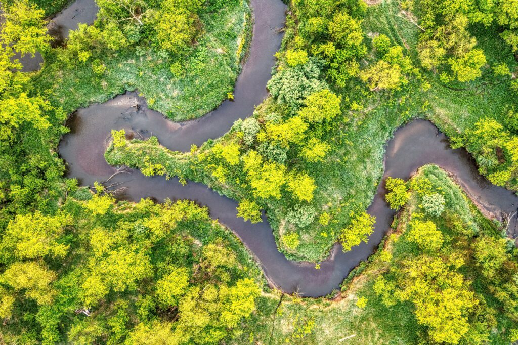 Services Explore the vibrant aerial view of a winding river within a forest in Misha Mokwa, Wisconsin.